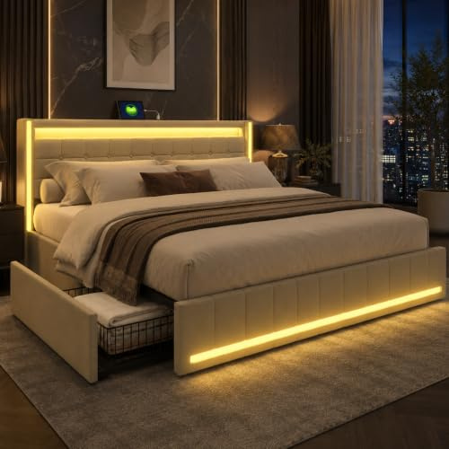 BLSYHDH Säng med sänglåda 160 x 200 LED USB, vadderad säng med 4 lådor, sänggavel med förvaringsutrymme, dubbelsäng med förvaringsutrymme, vadderad säng med ribbotten (beige + linne, 160 x 200 cm)