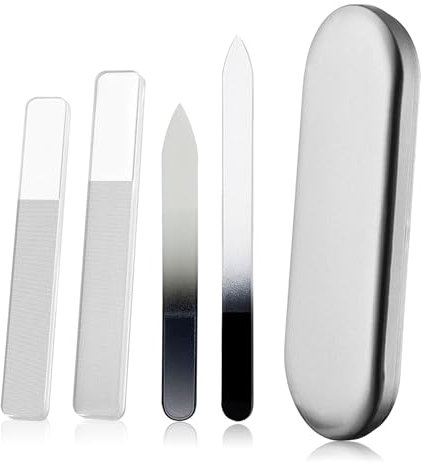 4PCS Glasnagelfeile und Shiner, klar Glas Nagelfeile Nano Nagelpolierer Nagelfeile Doppelseitig Glas Manikürestab doppelseitig Geätzte Kristall Nagelfeilen mit Etui für Acryl und Naturnägel