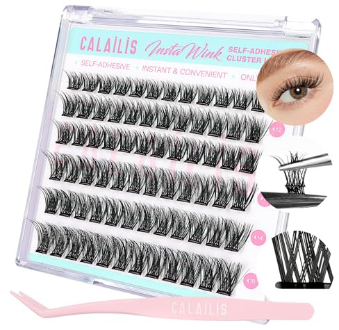 CALAILIS Selbstklebende Wimpern Extensions, 72Pcs D Curl Wispy Wimpern Selbstklebend Press on Lashes No Glue Needed Pre Kleber Wimperns Mit Pinzette (ZBP10X)