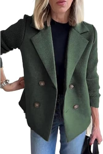Suncadmious Giacca Casual da Donna Primaverile con Risvolto e Bottoni in Maglia con Maniche Patchwork Cravatta da Lavoro Blazer Casual in Tweed Doppiopetto (Verde,XL)