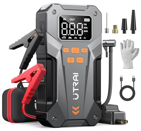 UTRAI 5000A 150PSI Jump Starter with Air Compressor, 12V Portable Jump Box (All Gas/10L Diesel), Jump Pack with LED Light, Car Jumper with Jumper Cables, Storage Case Included
