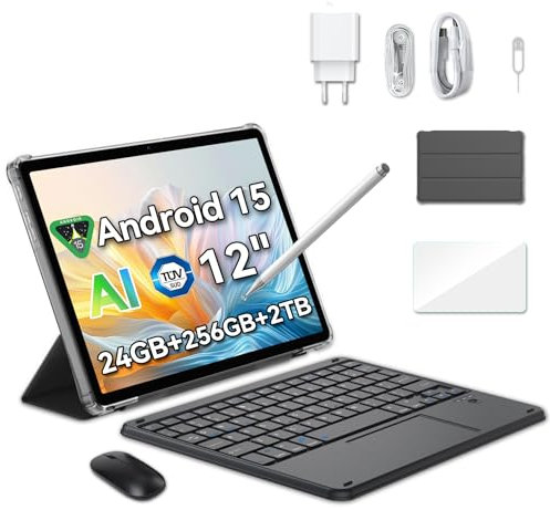 Blackview Mega2 Tablet 12 Pollice Android 15 Tablet con Tastiera, 24GB RAM 256GB ROM con SIM 4G, 2K FHD+, Gemini AI, 9000mAh, Doppia fotocamera, Widevine L1, GPS, Face ID, Mouse, Custodia, Penna