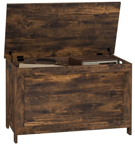 HOMCOM Storage Chest, Modern Storage Trunk with 2 Safety Hinges and Cut-out Handles, Wooden Toy Box for Living Room, Entryway, 76 x 40 x 48 cm, Rustic Brown