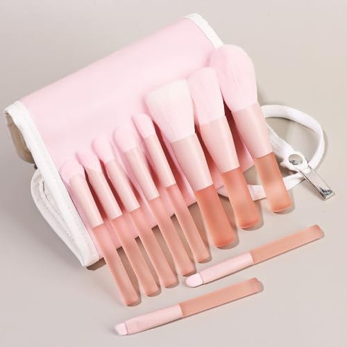 Nvzi Makeupborstset 10 st premium syntetiska foundation pulver concealers ögonskuggor rougesminkborstar med rosa förvaringsväska
