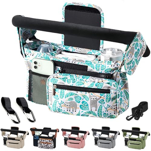 Tyuodna Borsa universale per passeggino con 2 portabicchieri isolati, grande capacità, organizer per passeggino con tracolla e ganci antiscivolo di sicurezza, Bradipo, moderno