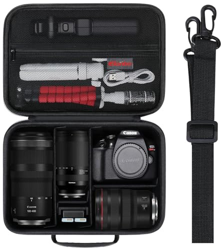 Elonbo Carrying Case for Canon EOS 2000D/4000D/R50/R6 Mark II/R100/R8/R10/ Sony Alpha 7 III /7 IV/a6400/ZV-E10/ZV E10L DSLR Digital Camera, Hard Travel Bag for Lens and Tripod, Black+Shoulder Strap