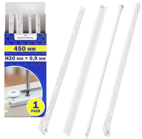 1 Par Guias Correderas para Cajones 450 mm H 20 x 0,9 mm - Blancas Rieles para Cajones Tienen una Extensión Parcial de 363 mm - Garantía de 10 Años - MONTERAL