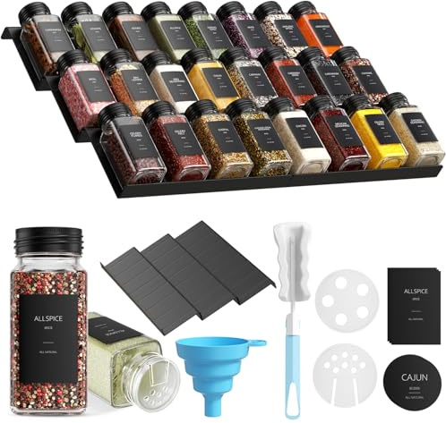 BugyKido Gewürzgläser, Gewürzgläser Set mit Regal, 24er 120ml mit 6 gewürzregal schublade, 372 Gewürzetiketten, Küchen Gewürz Organizer Schublade, Glas Gewürz Organizert mit 48 Streueinsatz