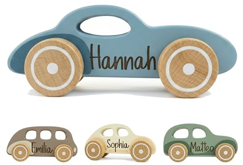 Pamamba Personalisierte Holzautos mit Gravur – Retro-Spielzeug aus FSC-Holz – Geschenk zur Geburt, Taufe oder Geburtstag - 4 Auswahl (Sportwagen - Blau)