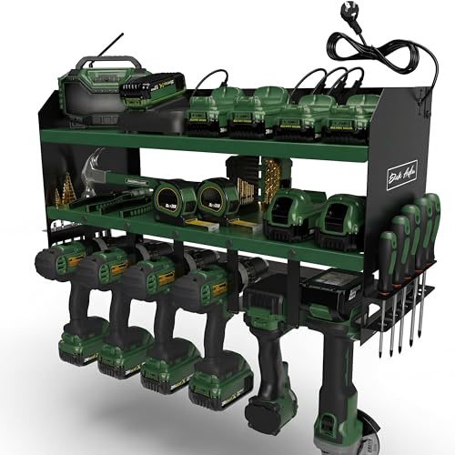 Toolganize Elektrowerkzeug-Organizer mit Steckdosenleiste & Ladestation, Schwerlast-Werkzeughalter für Werkstatt & Garage, 6-fach Halterung, Metabo Grün.