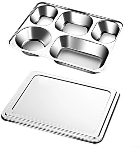 CNANRNANC Geteilte Portionsteller – Edelstahl geteilte Teller mit Deckel, Multi-Fach Dinner Tabletts für Erwachsene, zur Lebensmitteltrennung und Aufbewahrung für Camping, täglichen Gebrauch (B)