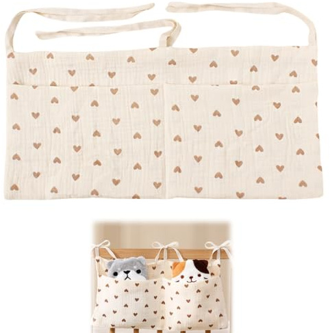 GNALIA Organizer Passeggino, 1 Pezzo 38X18Cm Avorio Con Cuori, Borsa Appendibile Per Lettino, Portaoggetti Per Vestiti, Pannolini E Giocattoli