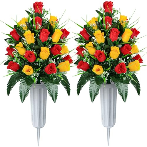 SIFOEL 2 Stücke Künstlicher Gedenkfriedhof Blumen Rose Blumen Blumenstrauß mit Vase für Friedhof Grabsteine Dekoration (Red & Yellow)