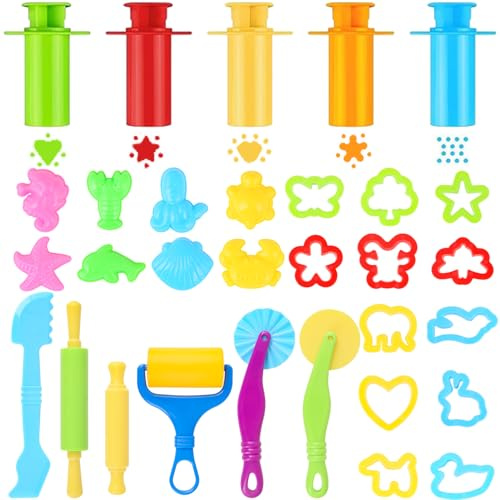 Fzyisw 31 Stück Knetzubehör Set, Knete Werkzeug Set für Kinder, inkl. Knetformen, Knetpresse und Teigrolle, Zubehör zum Formen und Gestalten