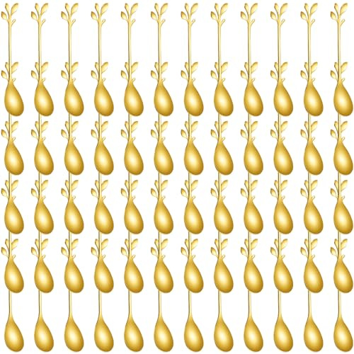 PercyEffie 60Pcs coffee spoons espresso spoons Bulk Mini Gold Leaf Dessert Teaspoon Gold Leaf tea spoon Cofee Spoon Coffee Tasting Demitasse for Kitchen Dessert Sugar Party Favors Dec