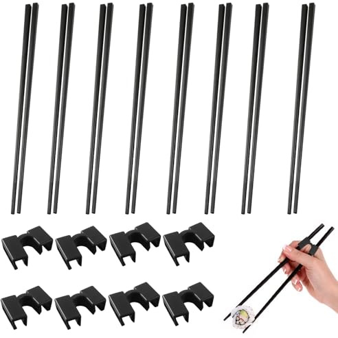 Juego de 8 pares de palillos de fibra de vidrio reutilizables (24 cm) + 8 entrenadores de palillos, palillos antideslizantes de sushi japonés, palillos de aleación negra con bisagra de plástico p