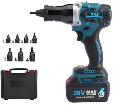 Batería 26V 6600 mAh Remachadora portátil sin escobillas, kit remachadora automática con pinza remachadora, para tuercas M3–M12 y inserciones de remache(2.2Ah)
