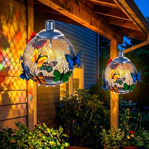 2 Pack Solar Hanging Butterfly Ball Lights Outdoor - IP65 Waterproof Metal Garden Ornaments with Warm White LED - Solar Garden Lights for Outside Patio, Yard, Tree Decorations, Butterfly, Wedding