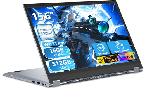 Ordinateur Portable 2 en 1 Écran Tactile 15,6 Pouces Ryzen 3 3200U (jusqu'à 3,5 GHz), Win 11 PC Portable 16Go DDR4 RAM 512Go SSD, Laptop 360 ° Rotation FHD Clavier Rétroéclairé Type-C RJ45 WIFI5 HDMI