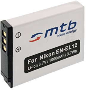Ersatz-Akku EN-EL12 kompatibel mit Nikon Coolpix S9100, S9200, S9300, S9400, S9900 / Coolpix A900, A1000, AW100, AW130, B600, P300, S70, S610, S610c - weitere Modelle Siehe Liste!