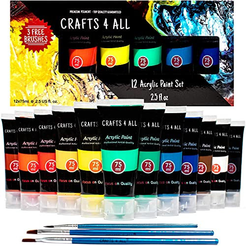 Crafts 4 ALL Große Acrylfarben Set 12x75ml mit 3 Bonus-Pinsel, Wasserfest und Lichtecht Acrylic Paint – Professionelle Farben Tuben für Papier, Leinwand, Ton, Stoff, Holz & Keramik