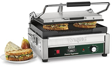Waring Commercial WPG250T Panini Supremo Large Ribbed Panini Grill, With 20 Minute Countdown Timer, 120V, 1800W, 5-15 Phase Plug,Green