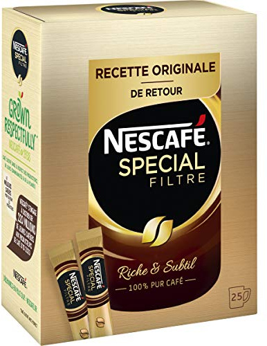 Nescafé SPECIAL FILTRE Décaféiné, Café Soluble, Pack de 25 Sticks (2g chacun)
