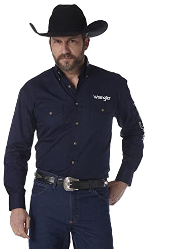 Wrangler Men's Western Logo Two Pocket Long Sleeve Button Shirt, Navy, Large