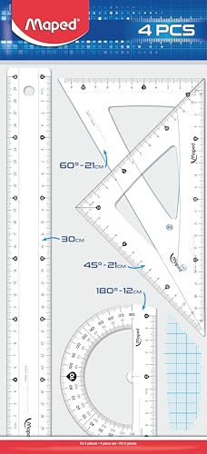 Kit Ruler 30 cm + Scalene 60° and Isosceles 45° + Protractor 180°, Maped, Kit Essentials, 242830, Transparent