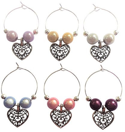 Libby's Market Place Set of 6 Pastel Colour Antique Hearts Wine Glass Charms