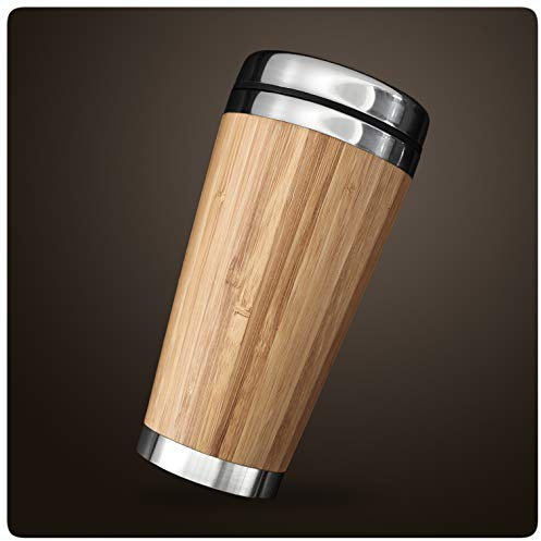 PRECORN Coffee to go Becher aus Edelstahl in edlem Design umweltfreundlich stylischer Bambus Kaffeebecher 450 ml doppelwandig