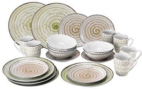 Van Well Riva - Servizio combinato da 24 pezzi, per 6 persone, in porcellana robusta con motivo, stile rustico, adatto per microonde e lavastoviglie, set da 24 pezzi