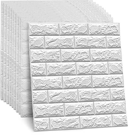 DHOUTDOORS 10 Stk 3D Wandpaneele Selbstklebend Steinoptik Wandtapete Ziegel Tapete Steintapete Weiß Klebetapete Wasserdicht Wandaufkleber Ziegelstein für Küche Schlafzimmer Badezimmer 60 x 60 cm