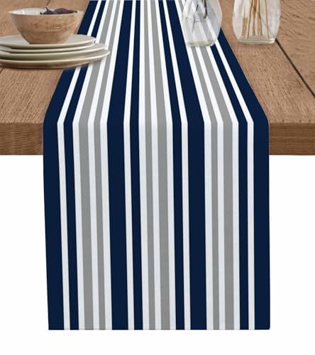Stripe Table Runner-Navy Blue Gray White Cotton linen-Long 72 inche Dresser Scarves,Farmhouse Tablerunner for Kitchen Coffee/Dining/Sofa Table Bedroom Home Living Room,Scarf Decor for Holiday Dinner