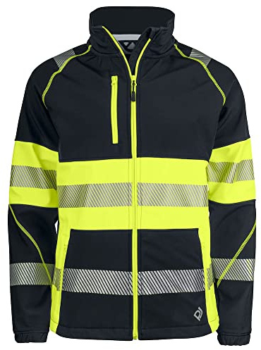 Projob 6443 Schwarz-Gelbe Softshelljacke mit segmentiertem Reflexstreifen EN 20471, Warnschutzjacke Klasse 1