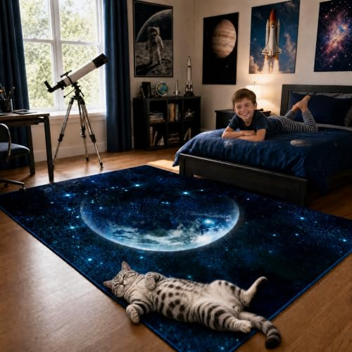 9CH Galaxy-Teppich für Kinderzimmer, dunkelblauer Raumteppich mit Sternenhimmel-Design, weich, waschbar, himmlischer Mond-Teppich für Jungen und Mädchen, Spielzimmer, Wohnzimmer, 1,5 x 2,1 m