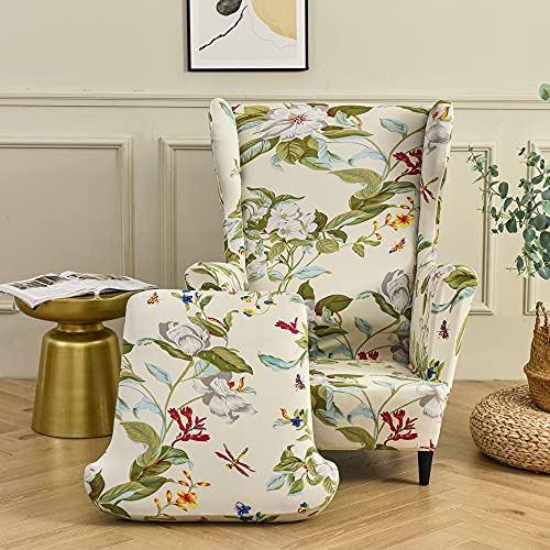 Highdi Funda de Sillón de Orejero Elástica, Elegante Florales Relax Funda de Sofá con Funda de Cojín 2-Piezas, Fundas Protector de Butaca para Dormitorio, Recepción, Club (Beige)