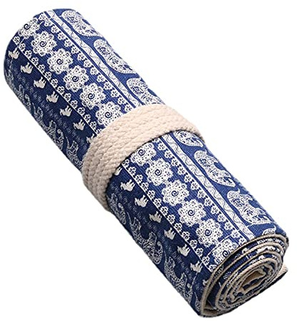 Anawakia Wrap Leinwand Stifterolle Bleistift Wrap Tragbar Stifterolle Bleistifthalter Reise Stiftehalter Buntstifte Federmäppchen Roll-up Mäppchen Tasche Organizer (Elefant,48 Slots)