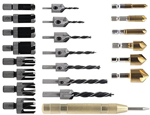 Aracombie 23-teiliges Holzfasen-Werkzeug-Set, inklusive 8 Holzdübelfräser-Bit-Set, 7 dreispitzige Senkbohrer, 6 Senkbohrer (5 Nuten, 90 Grad), L-Schraubenschlüssel und Automatik