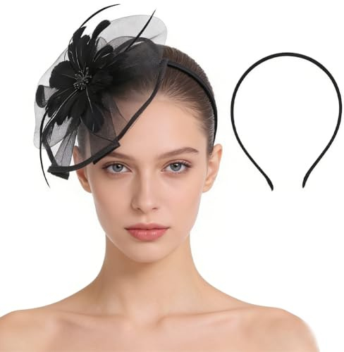 TINAYAUE Damen-Hut, Bibi, Hochzeit, elegant, Voile, Braut, Frisur, Vintage, Mini-Schleier, Hochzeit, Barett mit Feder, verziert, Zubehör für Kostüm, Abend, Party