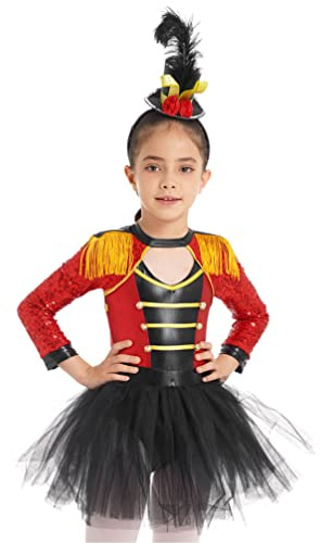 YiZYiF Niñas Disfraz Domadora Halloween Disfraz de Circo Manga Larga Tutú Vestido Danza Baile Falda Ringmaster Infantiles de Mago Cosplay Rojo 5-6 años