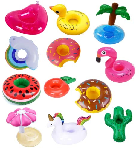 12 Stück Aufblasbare Getränkehalter, Schwimmender Getränkehalter mit Reparaturflicken, Mini Flamingo Palme Getränkehalter für Pool-Becherhalter