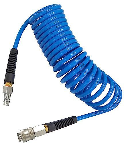 YOTOO Air Compressor Hose Polyurethane Recoil 5m Long 6mm ID x 9.5mm OD air Hose with Bend Restrictor, 1/4 Europe Quick Coupler and Plug, Blue