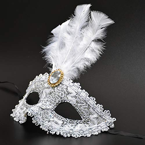 YJHWLF Maskerade Maske mit Feder, Frauen Venezianische Maske Halloween Party Gras Karneval Augenmaske für Verkleidung Spitze Kostüm Party，Interessantes Rollenspiel Zubehör (silbrig)