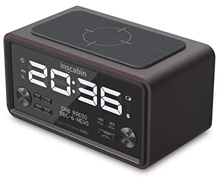 Inscabin W20A DAB/DAB+ FM digital väckarklocka, radio med trådlös laddning/stor skärm, bärbar trådlös högtalare med Bluetooth, vacker design för sovrum, kök, kontor (svart)