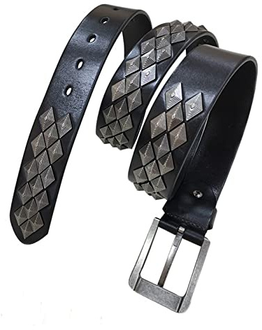 YOPADO Punk Gürtel 3 Reihen Pyramid Metall Nietengürtel Damen und Herren Echtleder Ledergürtel Gotischer Gürtel Zubehör für Jeanshosen(115cm/waist:39, Black)