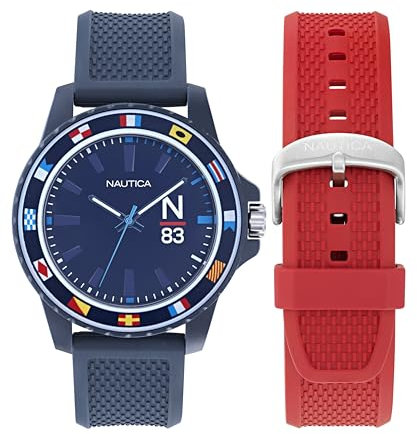 Nautica Reloj para hombre NAPFWF307 Finn World Blue Wheat PU Fiber Strap & Red Wheat PU Fiber Strap, Azul, Moderno