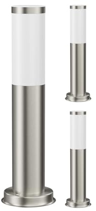 ledscom.de 3 Stück Pollerleuchte PORU für außen, edelstahl, rund, 39 cm, inkl. E27 Lampe, Energieeffizienzklasse A (warmweiß, 4W, 935lm)
