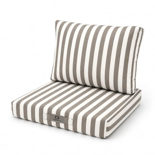 Déco Arts — Lot de 2 Coussins Déhoussables Salon Jardin 60x60 — Assise 60x60 + Dossier 60x35 cm — Imperméable Anti-UV — Remplacement Mobilier Jardin Terrasse Balcon Véranda — Rayures Beiges