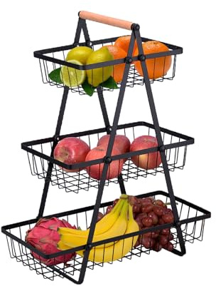 STAWINM 3-Tier Fruit Basket Detachable Fruit Basket High Capacity Countertop Vegetable Racks: Metal Portable Holder with Wooden Handle for Bathroom Fruit Vegetables Snacks in Home Kitchen Office…